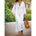 thumbnail image 4 of Women Summer Long Sleeve Neck Maxi Linen Shirt Dress Loose Button Down Tunic Shift Dress White XXXL, 4 of 6