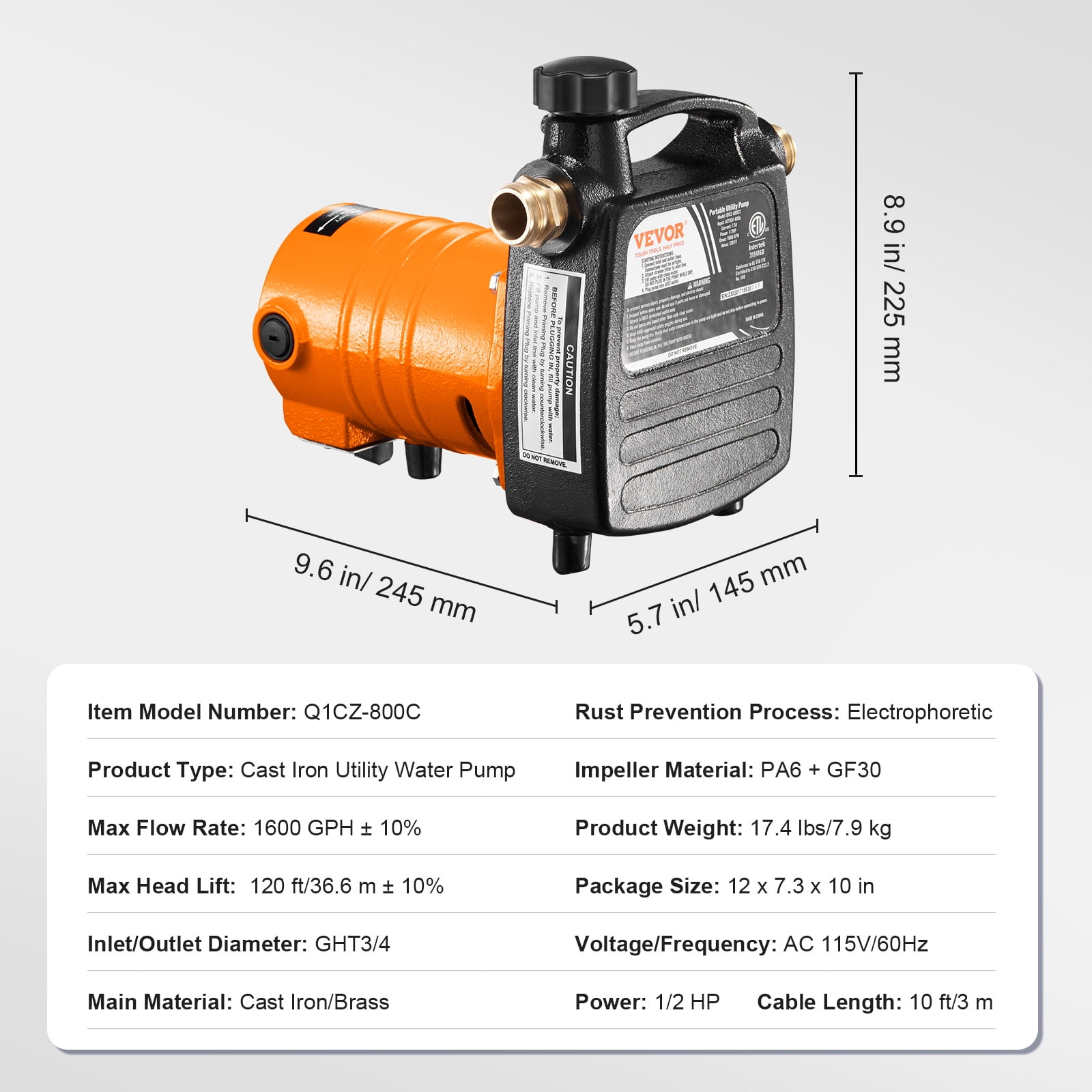 VEVOR Cast Iron Water Transfer Pump, 115V AC 1600 GPH 1/2HP, Portable Electric Utility Pump with Carbon Brush, Filter, Brass Connectors, for Garden, Rain Barrel,Pool,Pond,Hot Tub,Aquarium Draining