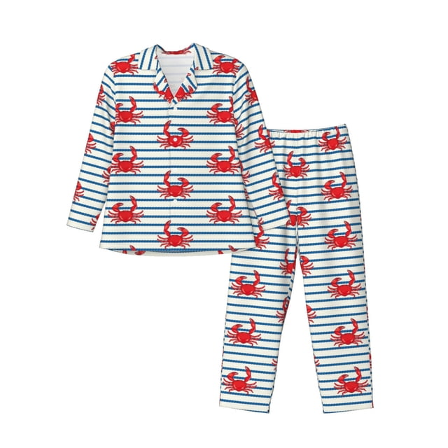 Fotbe Cute Red Crabs With Nautical Pijama de Hombre con Estampado de Manga Larga, Conjunto de 2 Piezas, Ropa de Dormir Suave y Cómoda con Bolsillos-XX-Large