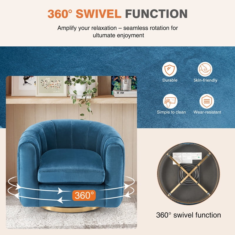 Gianna Swivel Accent Chair, Reclining Velvet Barrel Chair，Blue