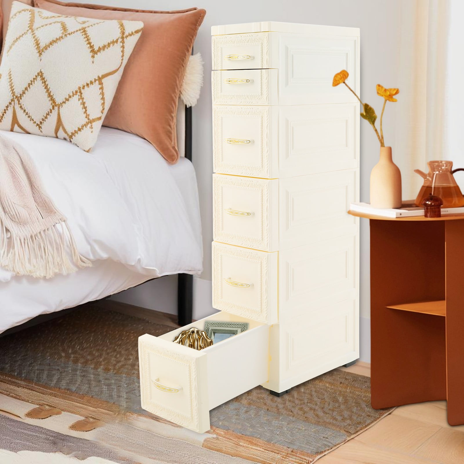5 Tiers White PP Narrow Storage Organizer 6 Drawers Slim Bathroom Storage Cabinet for Bedroom, Bathroom