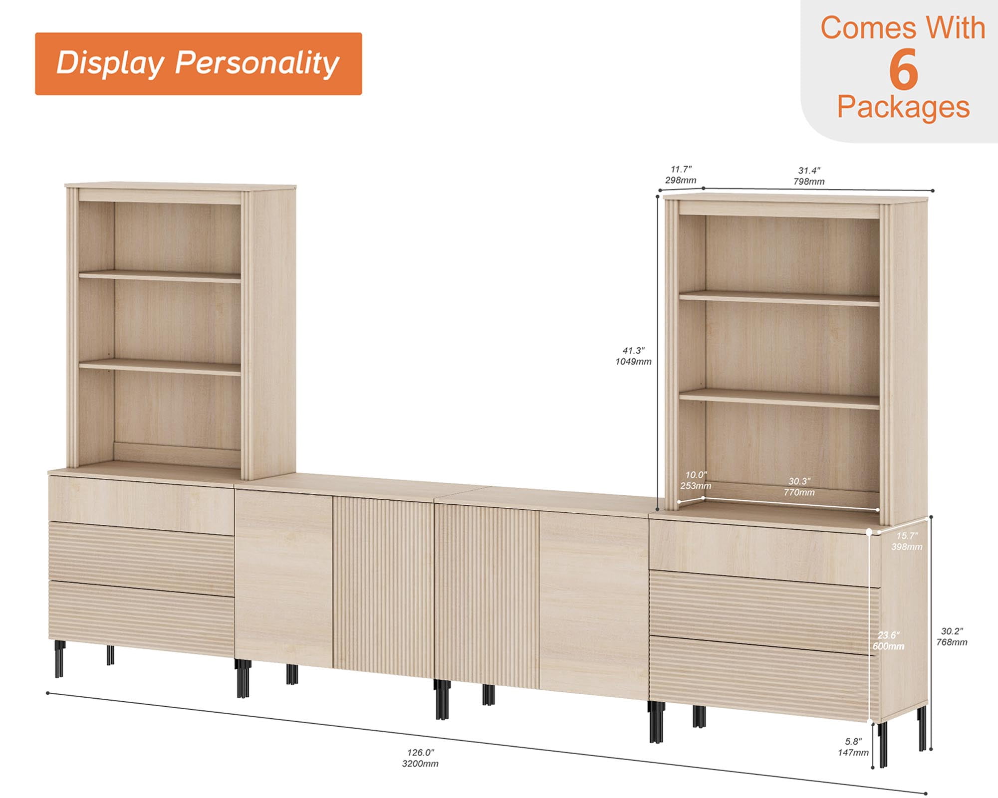 Modern Fluted TV Stand with Bookshelves for Tvs up to 75", Large Entertainment Center with Storage Cabinet, 10-Tier TV Console with Drawers and Adjustable Shelves For Living Room, Bedroom