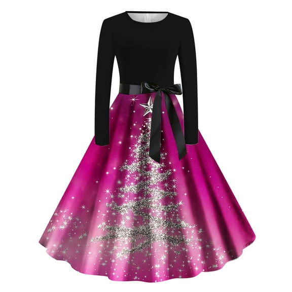 Cavosen Christmas Plus Size Formal Dresses Crew Neck Long Sleeve Midi Evening Gowns Ball Dress Elegant Wedding Guest Cocktail Party Dress