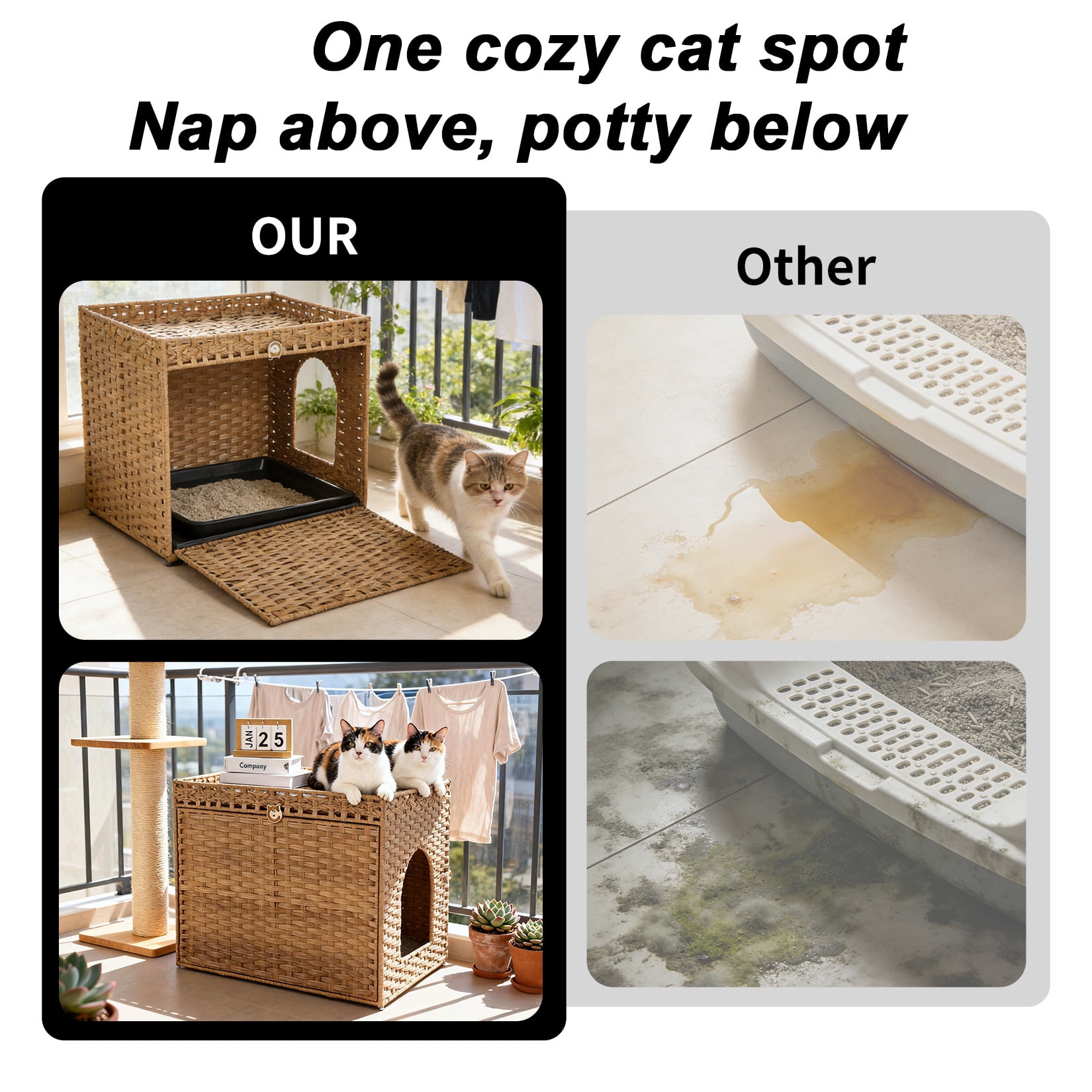Handwoven Rattan Cat Litter Box Cabinet – Large Hidden Enclosure with Removable Mat and Fence – Stylish Boho Furniture, Easy to Clean, Covered Litterbox for Indoor Cats – Natural Color