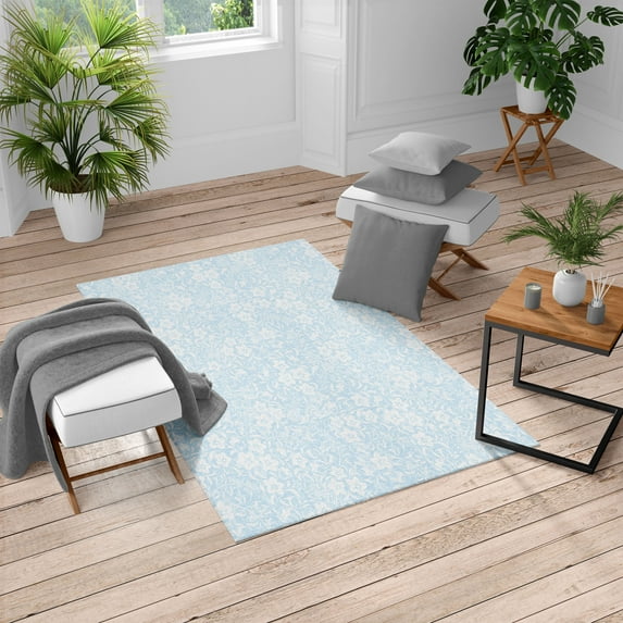 Botanic Turkish Area Rug, Floral Pattern Spring Season Blossoms Branches Leaf Beauty Field Design, Soft Carpet for Living Room Decor with Distressed Look, 4' X 5.7', Pale Blue, by Ambesonne