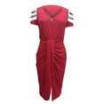 thumbnail image 4 of Mikilon Women's Solid Color V Neck Off The Shoulder Short Sleeve Slit Dress, 4 of 5