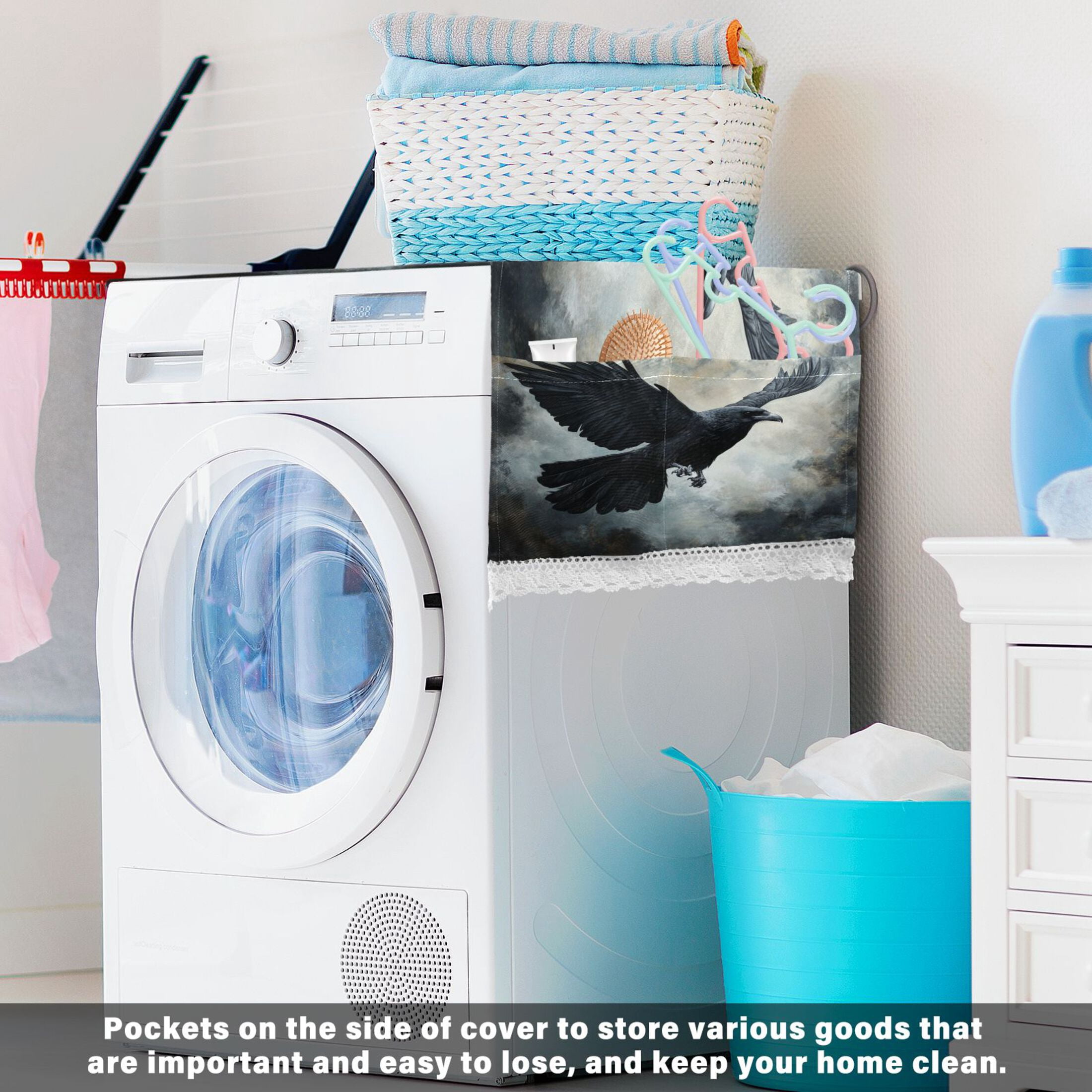 Black BirdWasher and Dryer Covers Dust-Proof and Oil Resistant Fridge Cover with 4 Storage Pockets Washing Machine Top Cover for Laundry Kitchen Home 51.2 x 22 In