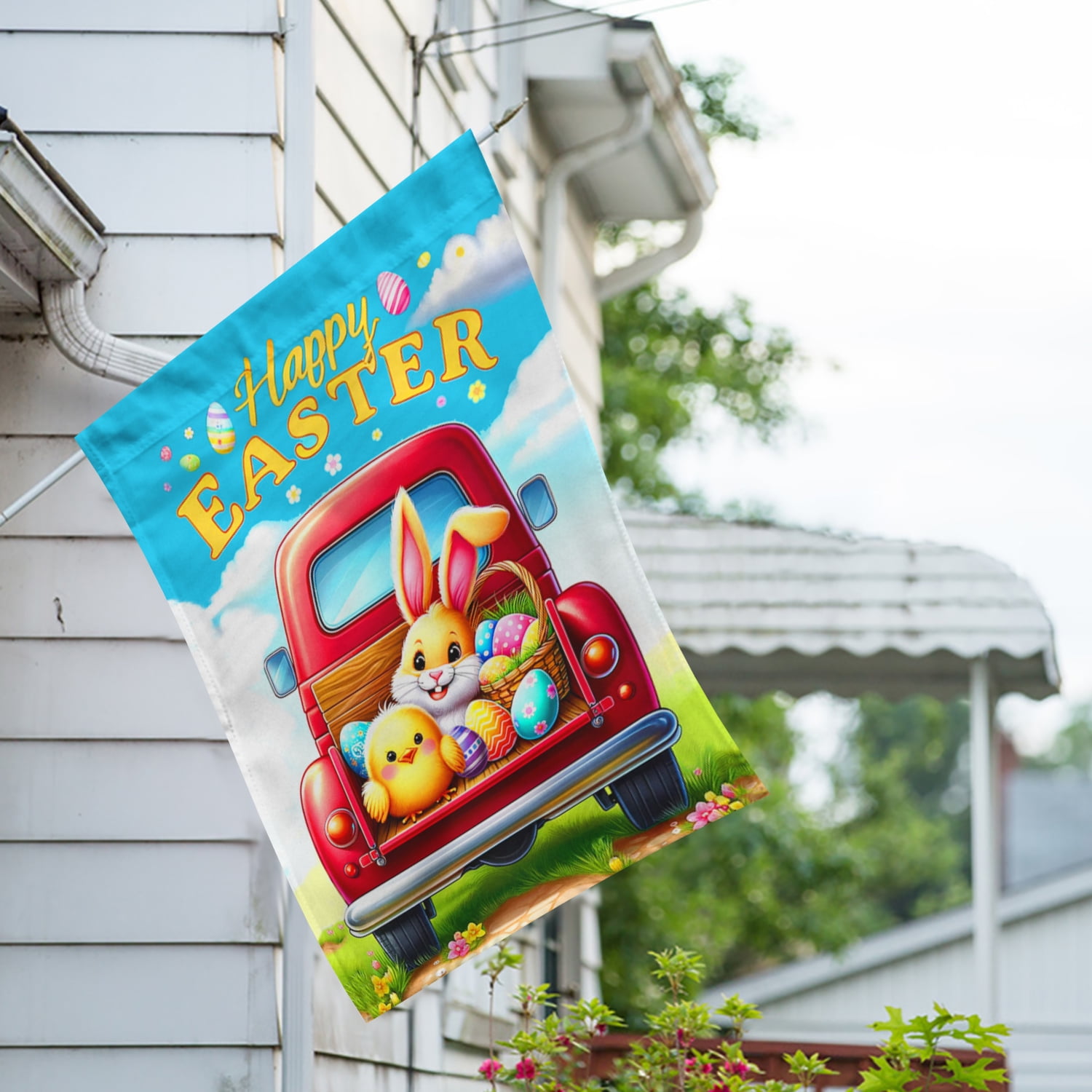 America Forever Happy Easter Truck House Flag 28 x 40 inch Double Sided Spring Rabbit Bunny Egg Chick Farmhouse Holiday Small Seasonal Flags for Outdoor Yard Lawn Decoration