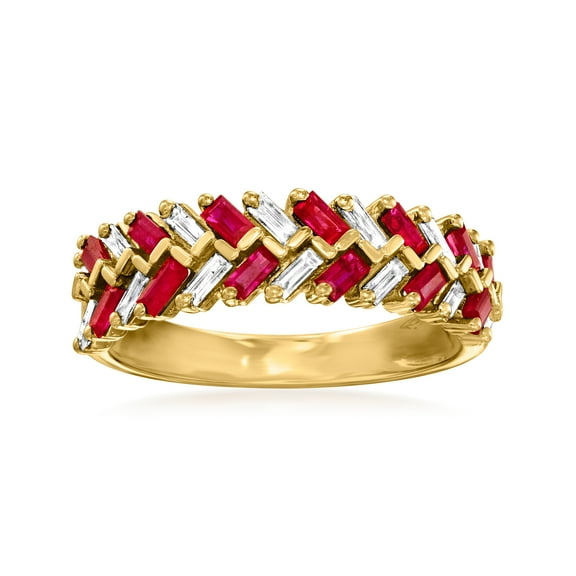 Ross-Simons 0.60 ct. t.w. Ruby and .28 ct. t.w. Diamond Baguette Ring in 14kt Yellow Gold, Women's, Adult