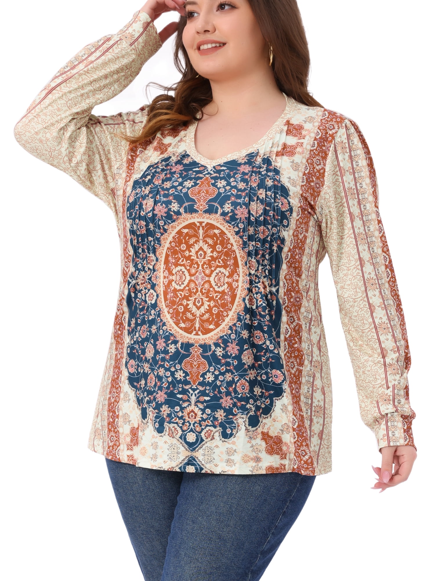 DARING DIVA Women's Plus V Neck Long Sleeve Boho Paisley Blouse Tunic 3X Apricot