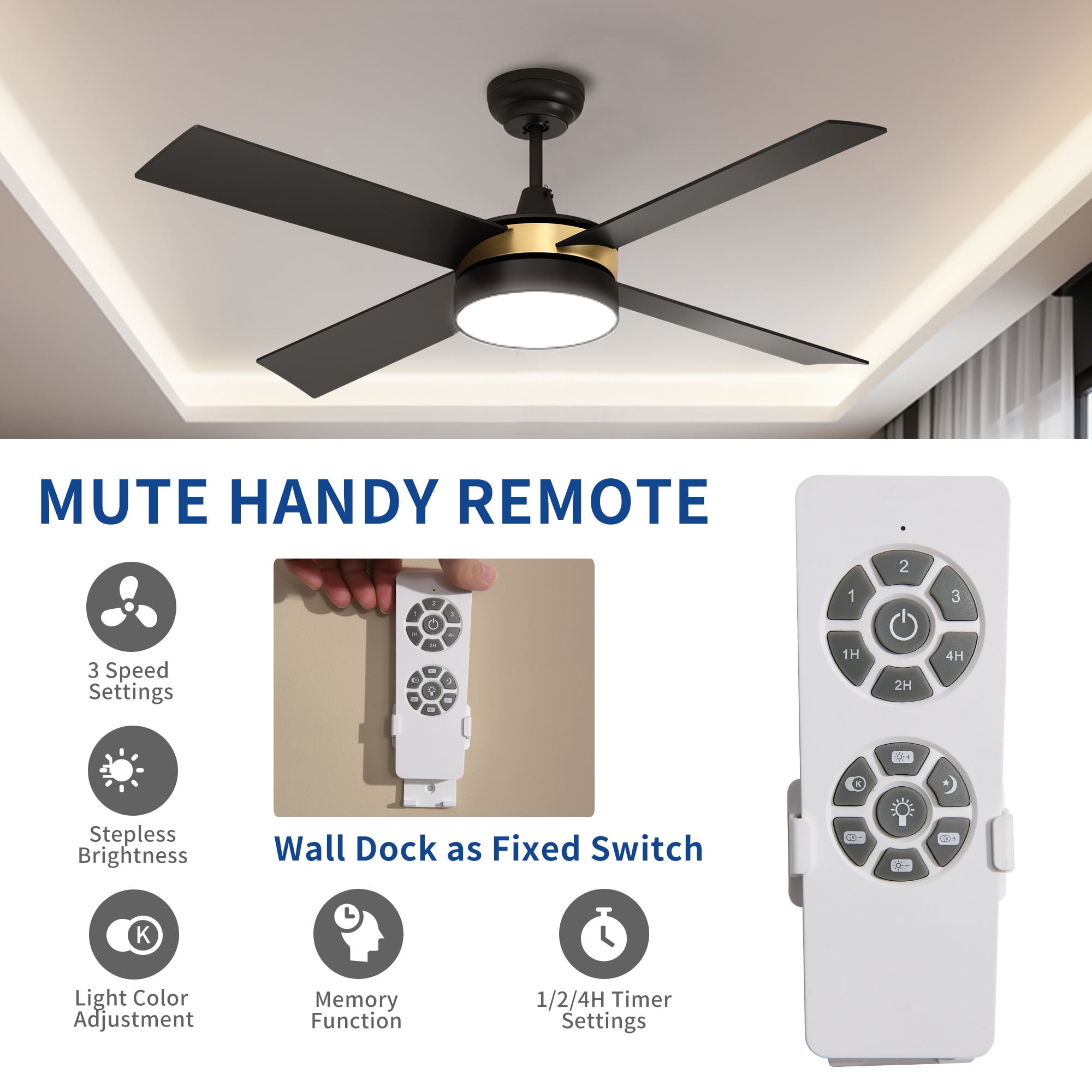 Dextrus 52in 4 Blades Modern Ceiling Fans with LED Light and Remote, 3 speeds and Night Light Mode - Black & Gold