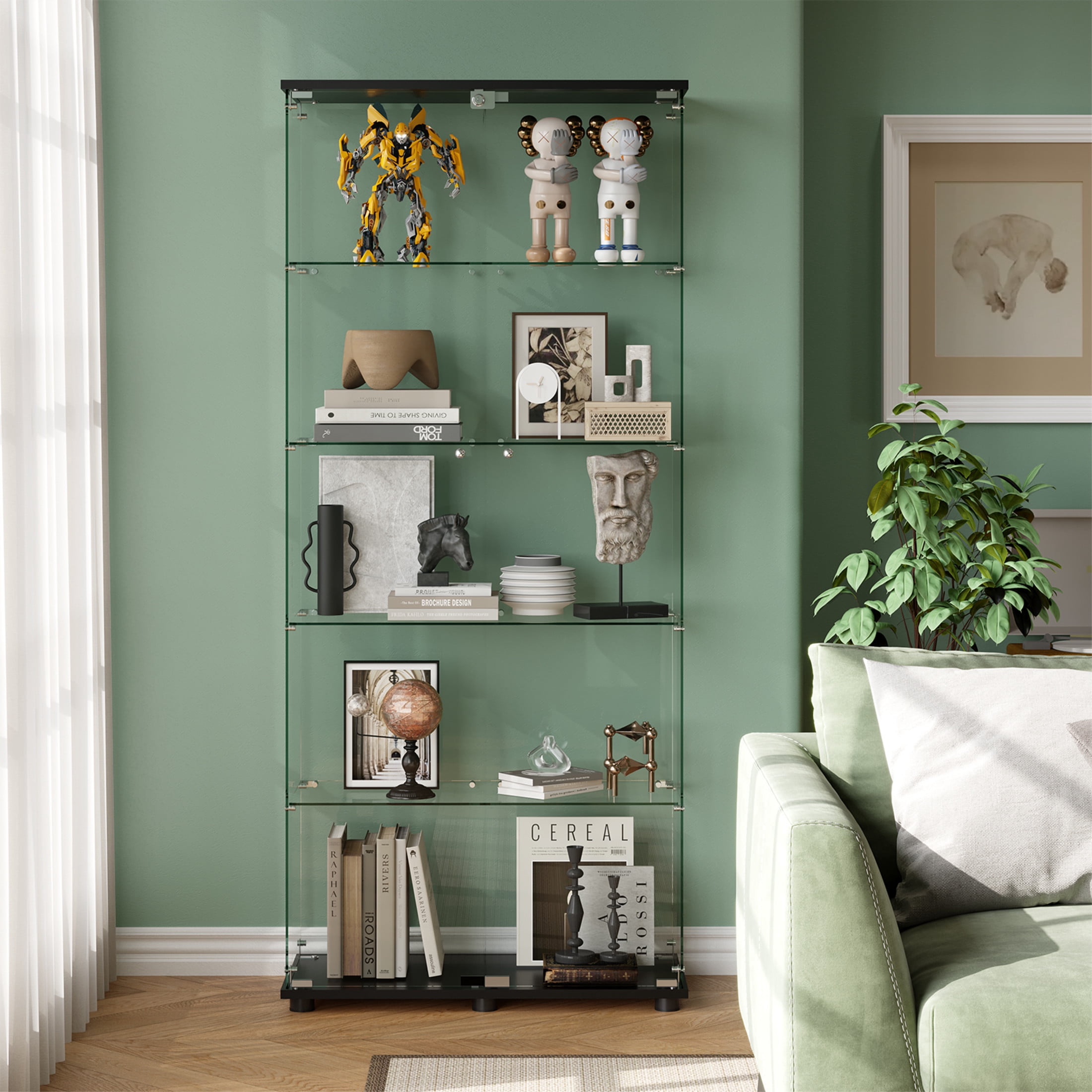 Noble House Floor Standing Display Cabinet with Locking Double Doors, 5-Shelf Tempered Glass Curio Cabinet, Black