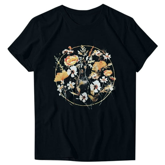 WREESH Casual Graphic Print T-Shirts Women's Short Sleeve Round Neck Summer Tops Black