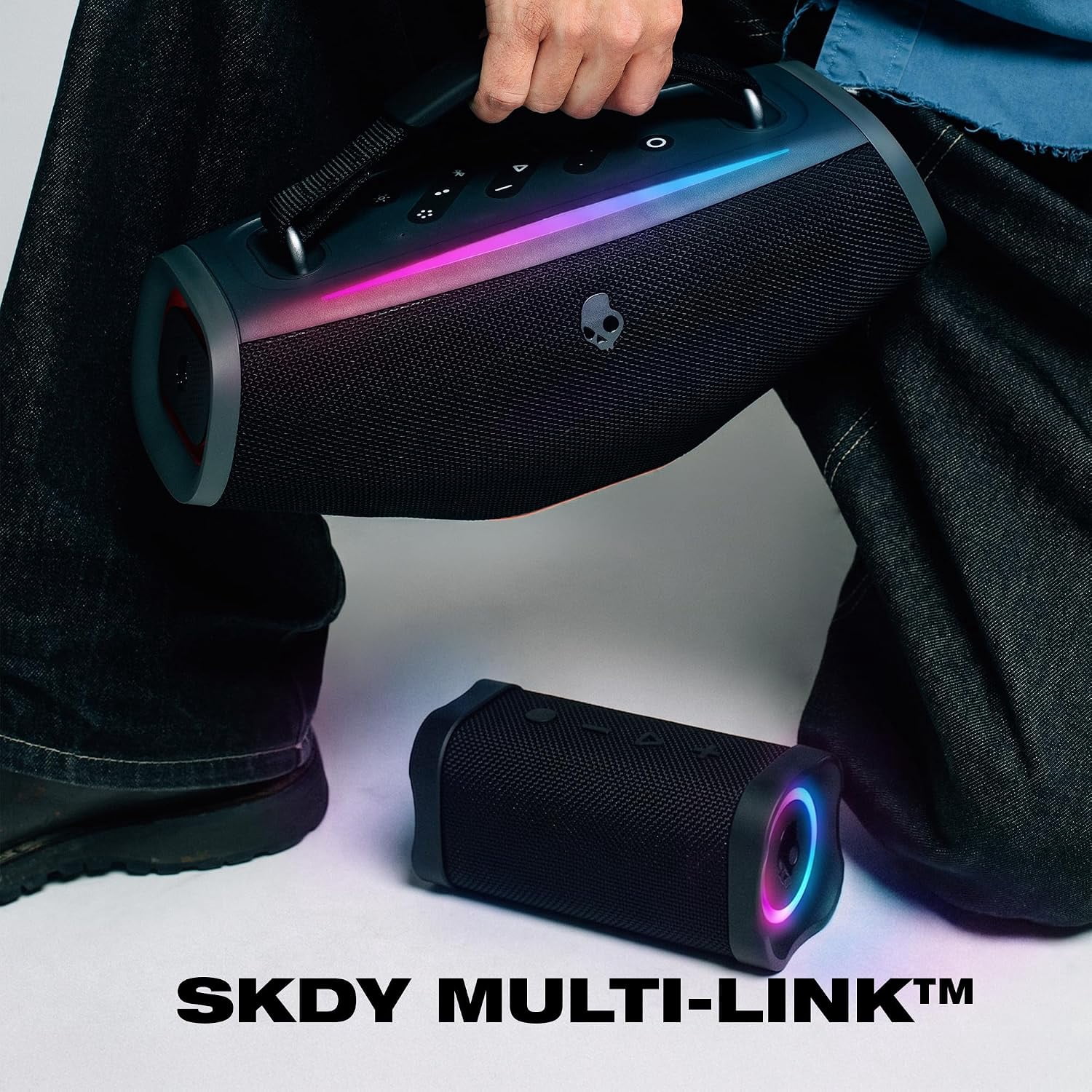 Skullcandy Barrel Mini Bluetooth Boombox Speaker, IPX7 Waterproof, 12-Hour Battery, LED Lights, Multi-Link, True Wireless Stereo