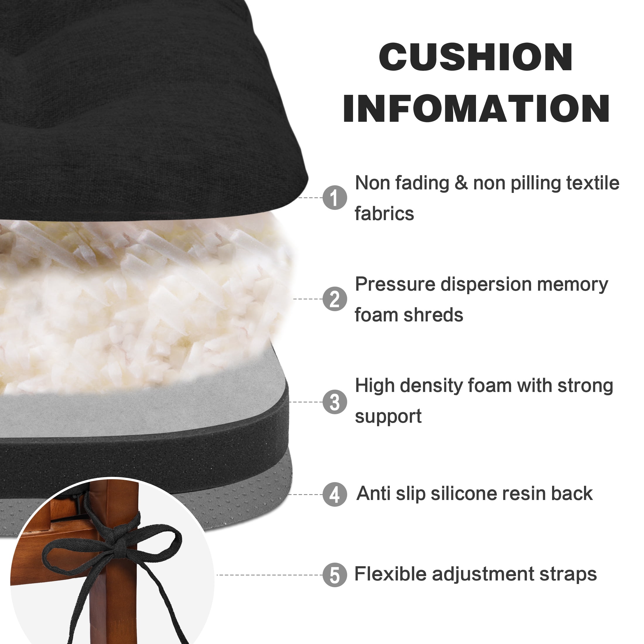 Baibu Kitchen Chair Cushions Memory Foam 3.5" Thick Dual-layer Seat Cushions Dining Chair Pads, Set of 4, Black
