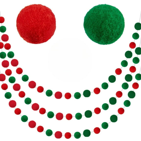 Trianu 3Pcs Pom Pom Garland, 8.2ft Decorative Hanging Garland Ball Banner with 30Pcs Balls for Halloween Thanksgiving Christmas Wedding Birthday Party Room, Red/Green