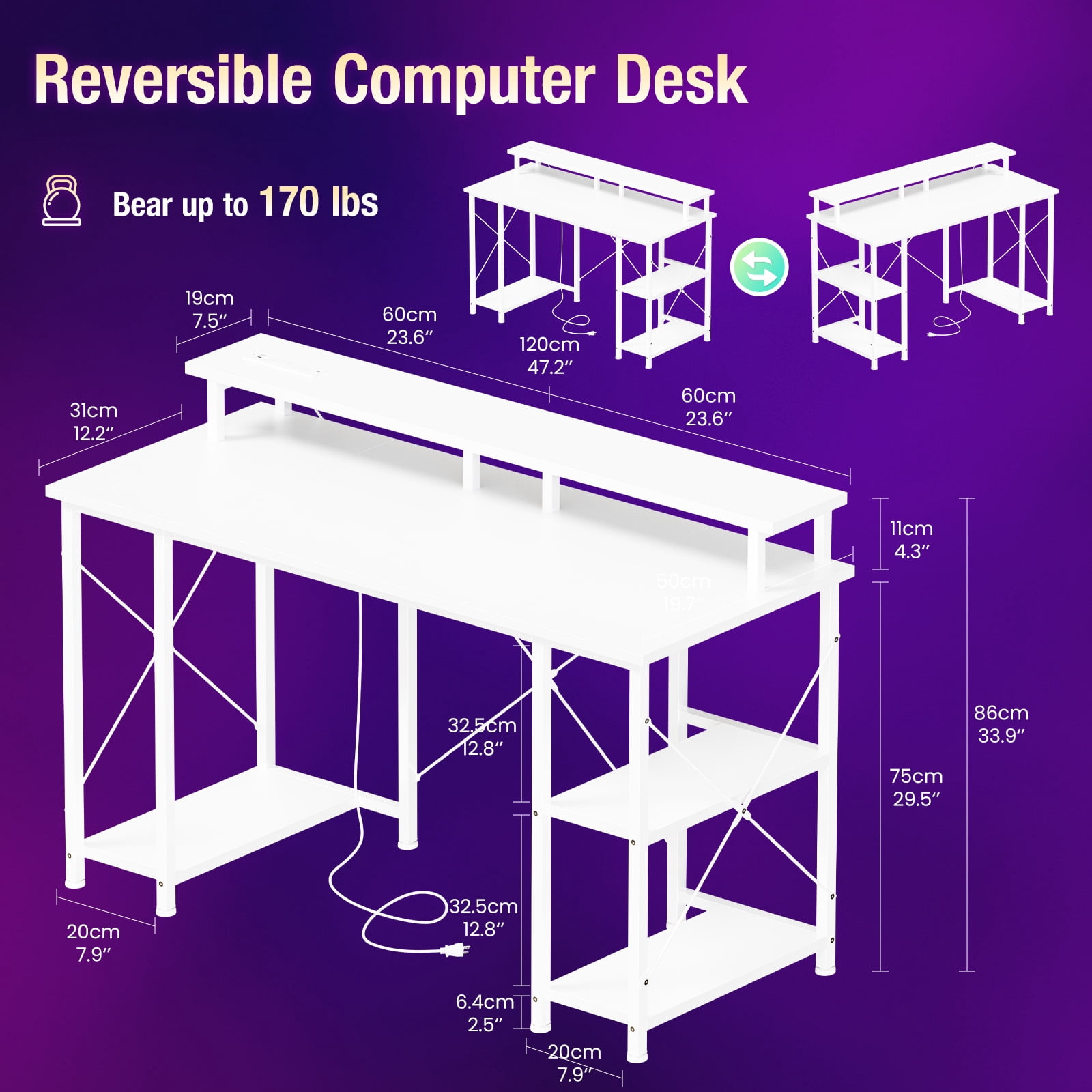 CONCETTA 48" Computer Gaming Desk with LED Light, Power Outlet, Monitor Stand, Headphone Hook, White