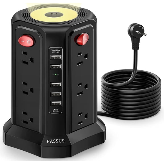 Surge Protector Power Strip Tower with 5 USB Ports Night Light,Black
