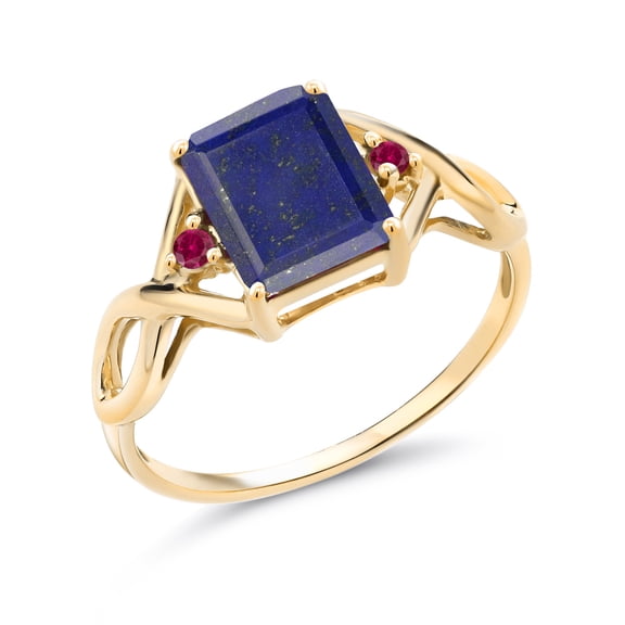 Gem Stone King 2.10 Ct Emerald Cut Blue Lapis Red Created Ruby 18K Yellow Gold Plated Silver Ring (Size 7)