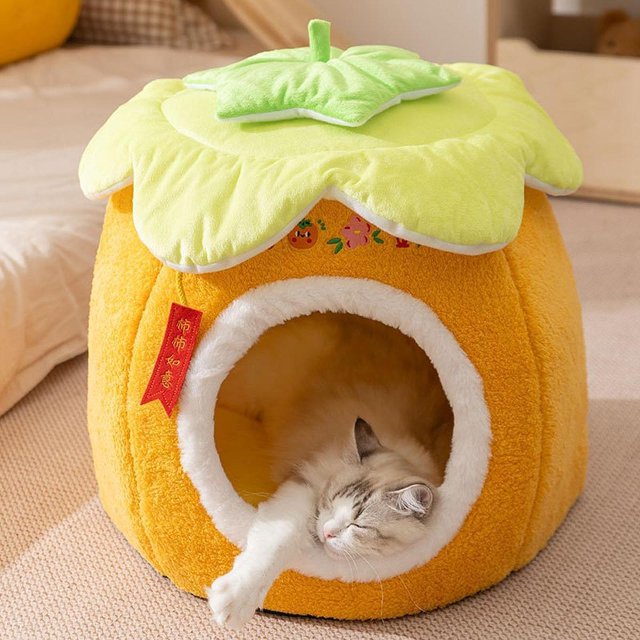 Casa para gatos con forma de caqui, color naranja, accesorios multifuncionales, cálida y cómoda para el invierno, cama suave para mascotas, refugio