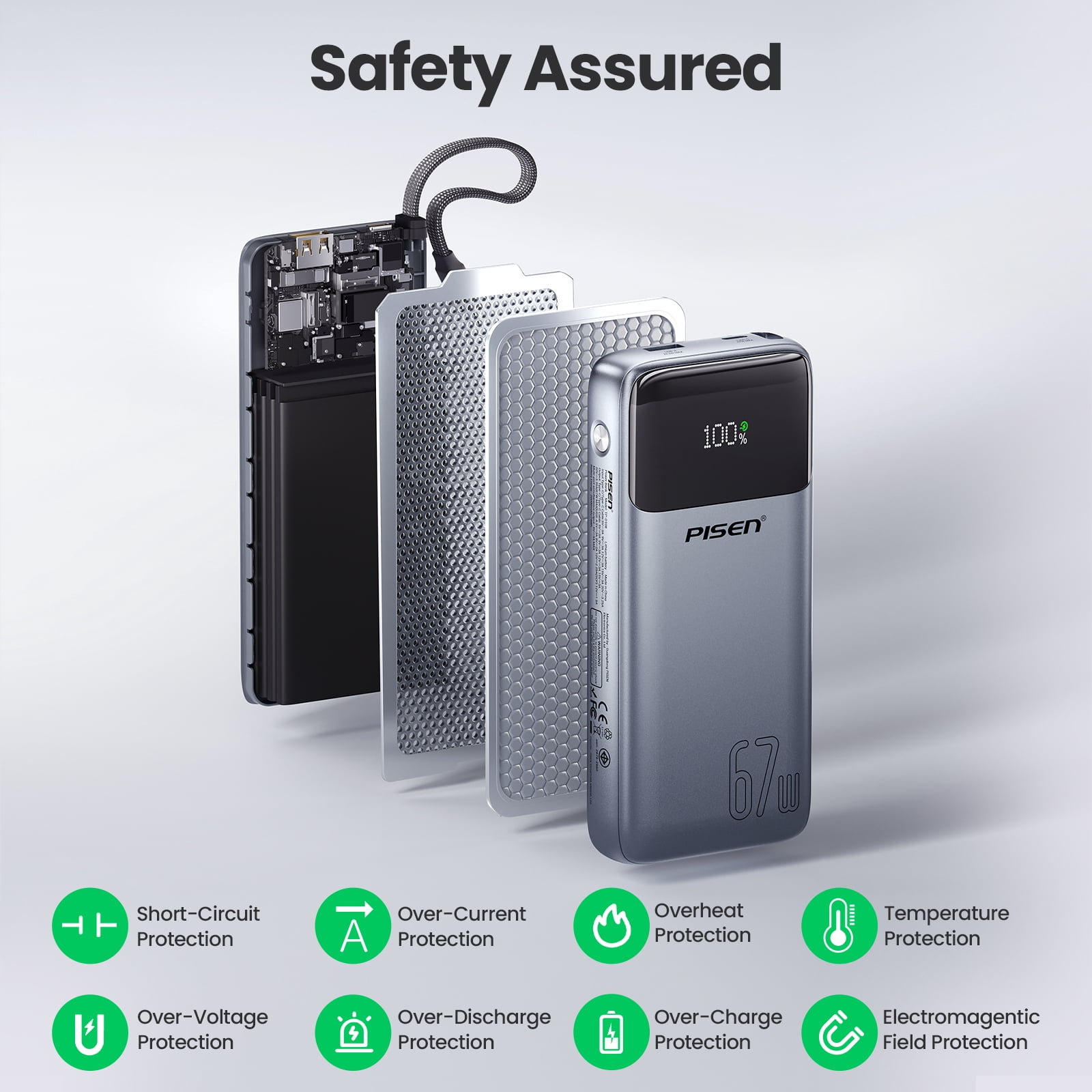 PISEN 3C Certified Power Bank - 20000mAh 67W Power Bank with Built in Cable,Travel Battery Pack Portable 3C Charger with LED Display, Portable Charger with Built in Cable for iPhone, Samsung and More