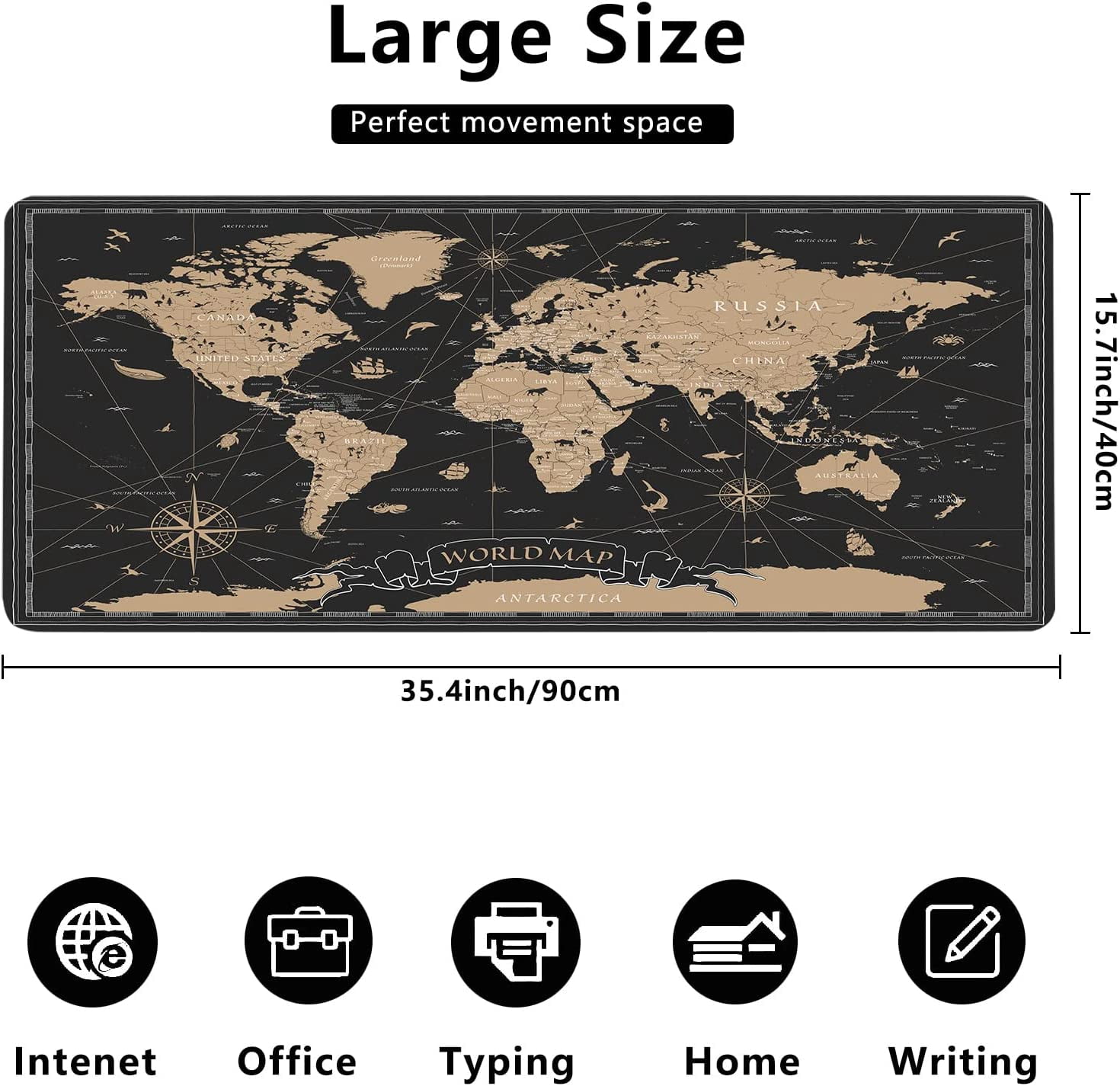 Vintage World Map Desk Mat,Black Golden World Map Extended Gaming Mouse Pad,Large Non-Slip Rubber Base Mousepad with Stitched Edges,Waterproof Mouse Mat Desk Pad for Office Game Home 35.4x15.75 in