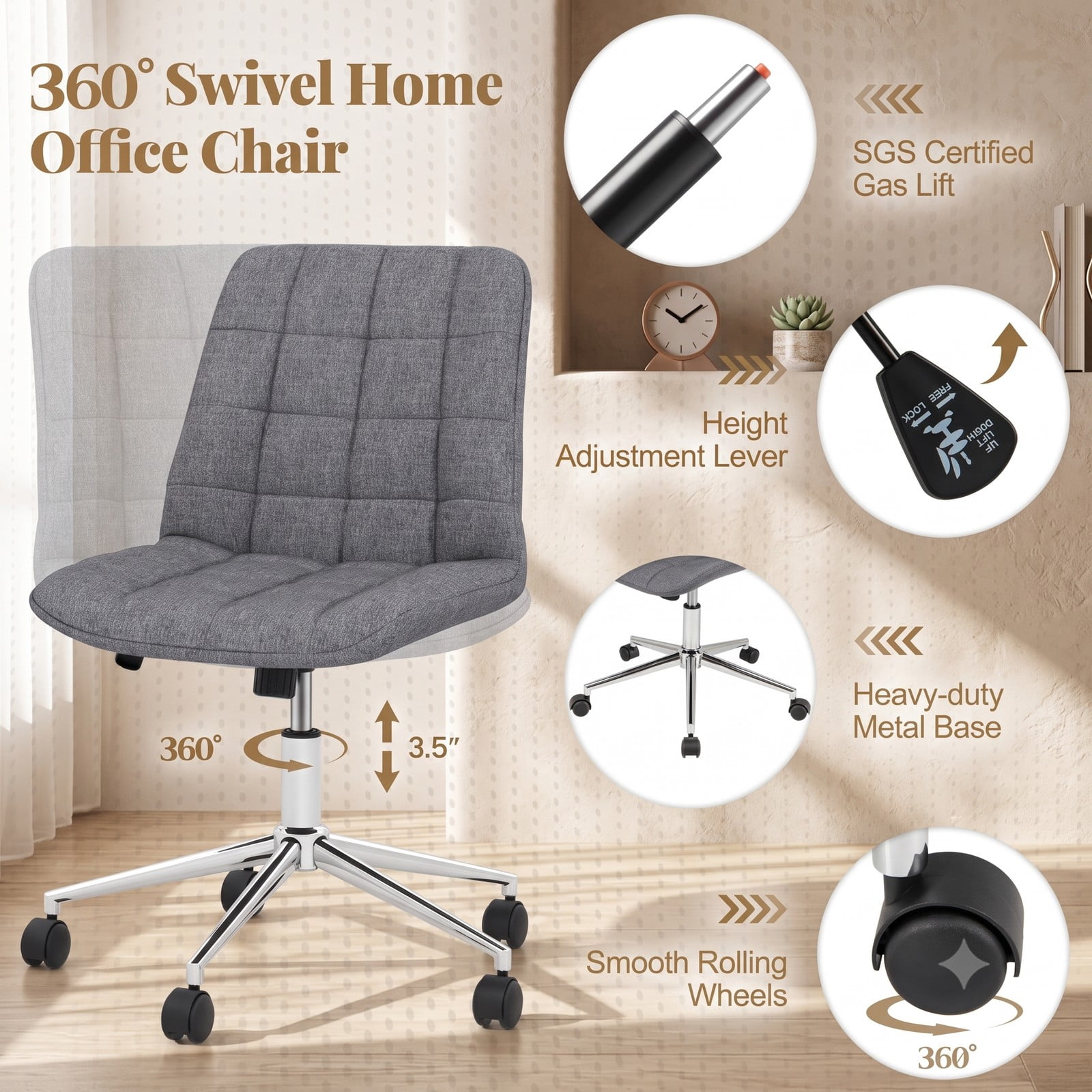Furnibear Armless Office Chair, Upholstered Makeup Vanity Chair with Adjustable Height, 15° Rocking, Swivel Task Desk Chair with 5 Wheels and Metal Base for Home, Grey