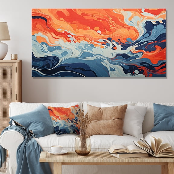 Designart "Liquid Ink Waves Blue and Orange Fusion I" Extra Large Abstract Wall Art - Modern Blue Abstract Liquid Ink Bedroom Canvas Wall Art