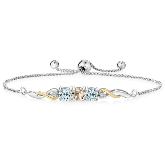 925 Sterling Silver and 10K Yellow Gold Peach Morganite Sky Blue Topaz and White Lab Grown Diamond Tennis Bracelet for Women (1.82 Cttw, Gemstone October Birthstone, Fully Adjustable up to 9 inch)