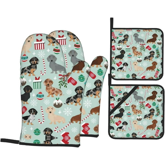 Dog Flora Print Oven Mitts and Pot Holders Sets 4 Piece Set Kitchen Women Men Cooking Baking Microwave Heat Resistant