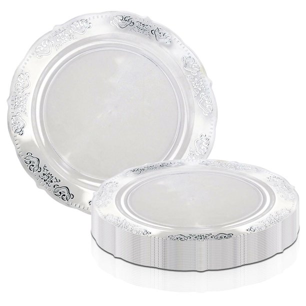 Smarty 10.25" Clear Silver Embossed Disposable Plastic Dinner Plates 120ct