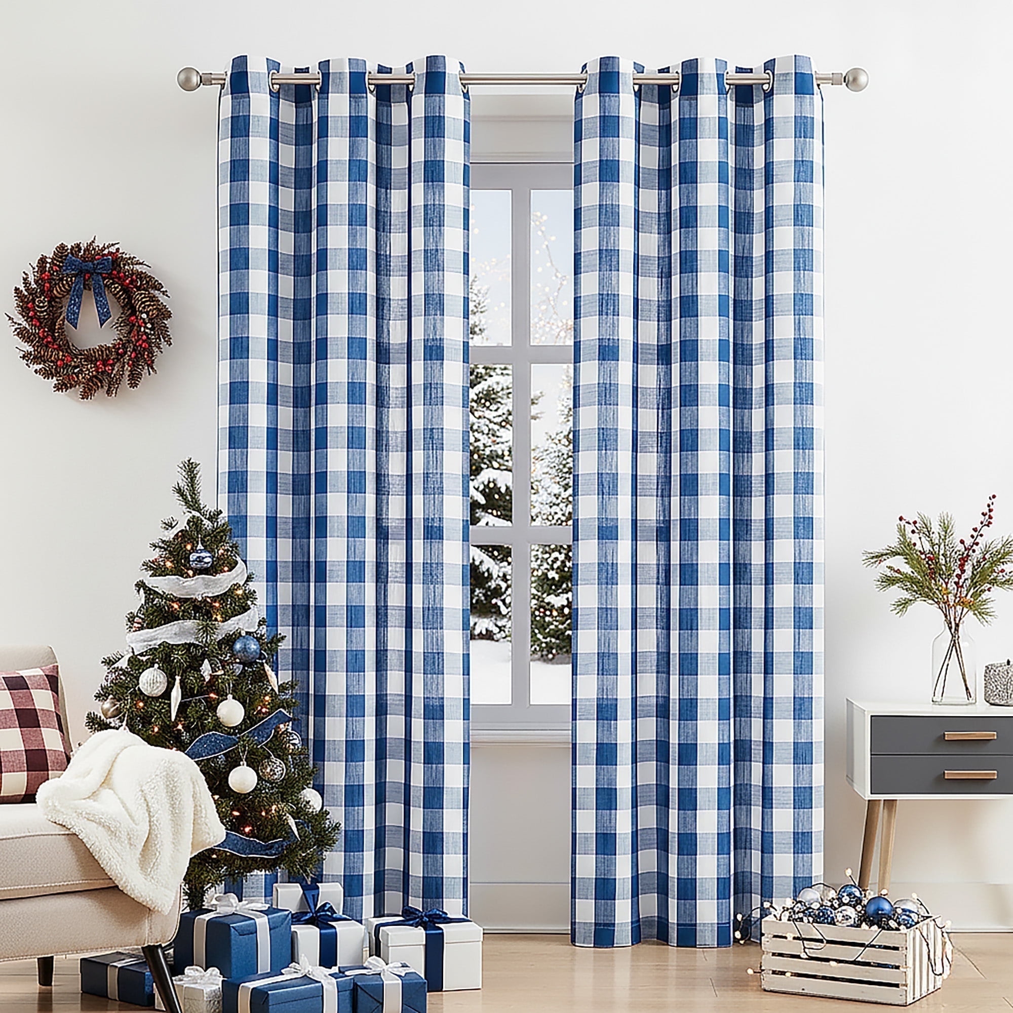 Flowpartex Blue and White Buffalo Check Semi Sheer Curtain Panels Plaid Textured Curtains Drapery, Farmhouse Grommet Window Drapes for Living Room Bedroom, 40"Wx90"L Set of 2