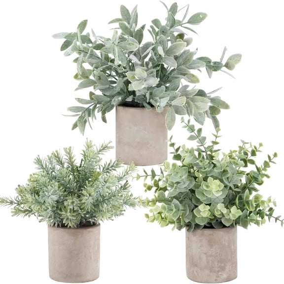 3 Pack Mini Potted Fake Plants Artificial Plastic Eucalyptus Plants Topiaries for Home Office Desk Farmhouse Shelf Room Bathroom Decor(Sage Green)