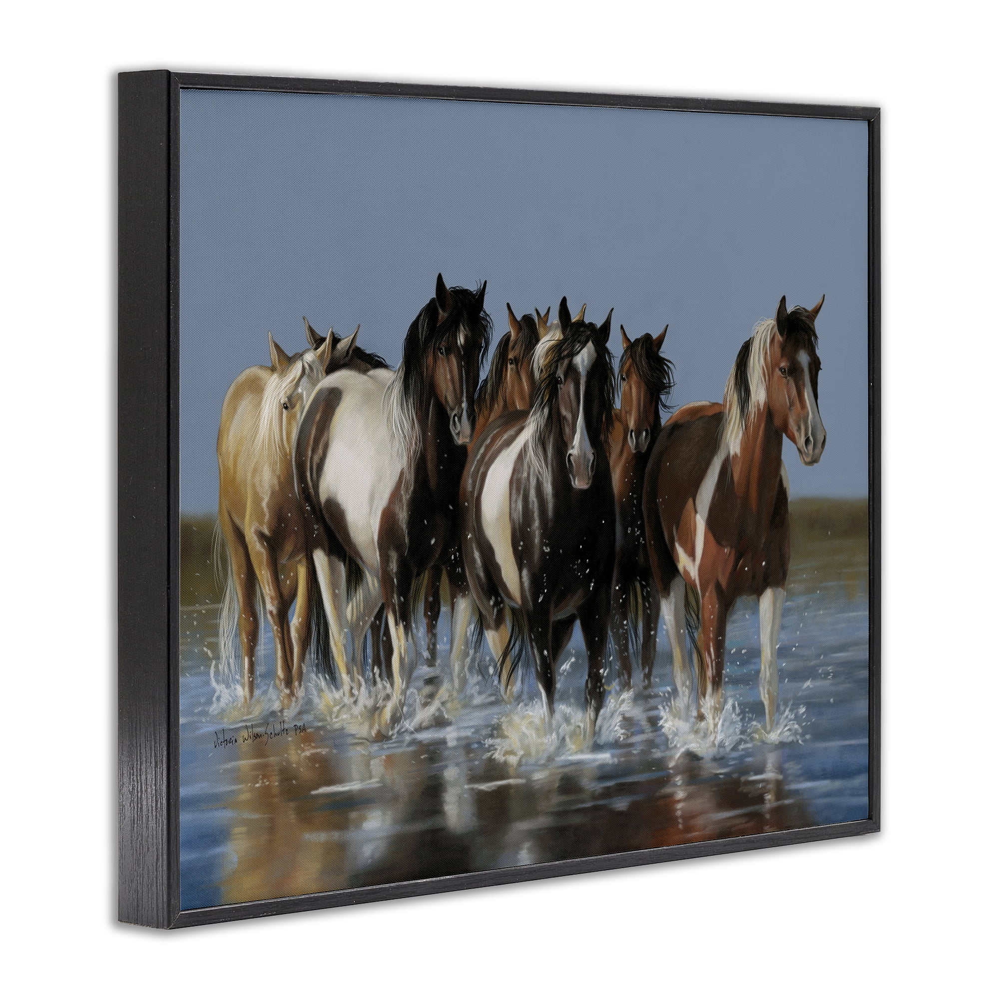 Stupell Industries Horses Running Through River Animals & Insects Painting Black Framed Art Print Wall Art, 30 x 24