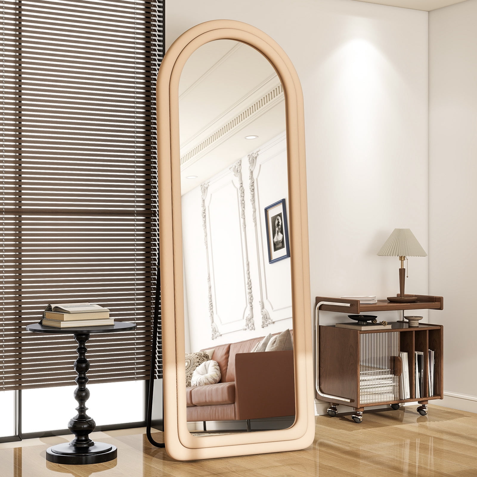 Anyrose 63"x24" Arched Full Length Mirror Round-Edge Floor Mirror With Flannel Frame, Light Brown
