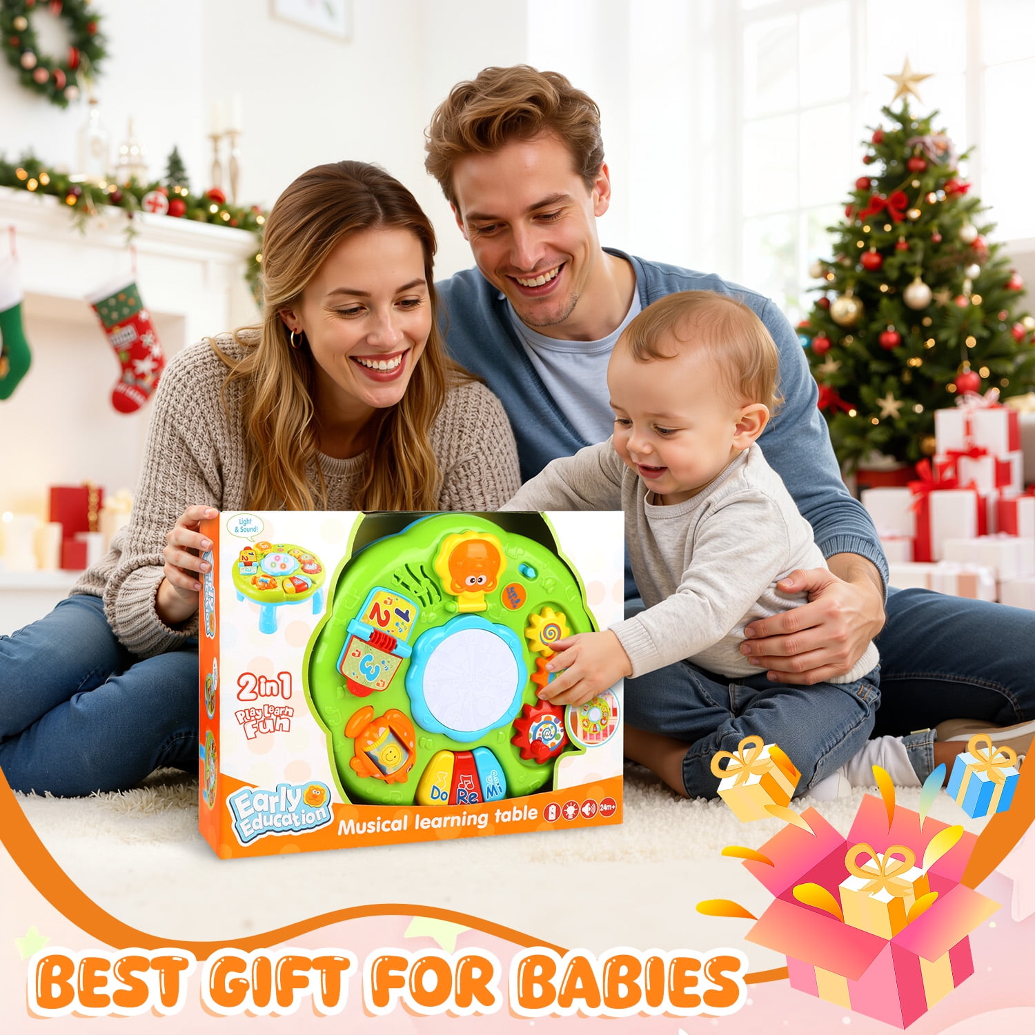 Carsky Baby Musical Activity Table, Light & Sound Learning Drum Toy with Piano, Flip Book & Animal Mirror, Multifunction Toddler Play Center for 6-24 Months Boys Girls Birthday ChristmasToy Gifts