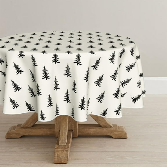 Christmas Tablecloth 60×60 Inch Round, Trees Black White Boho Washable Table Cover for Party Picnic Dinner Decor