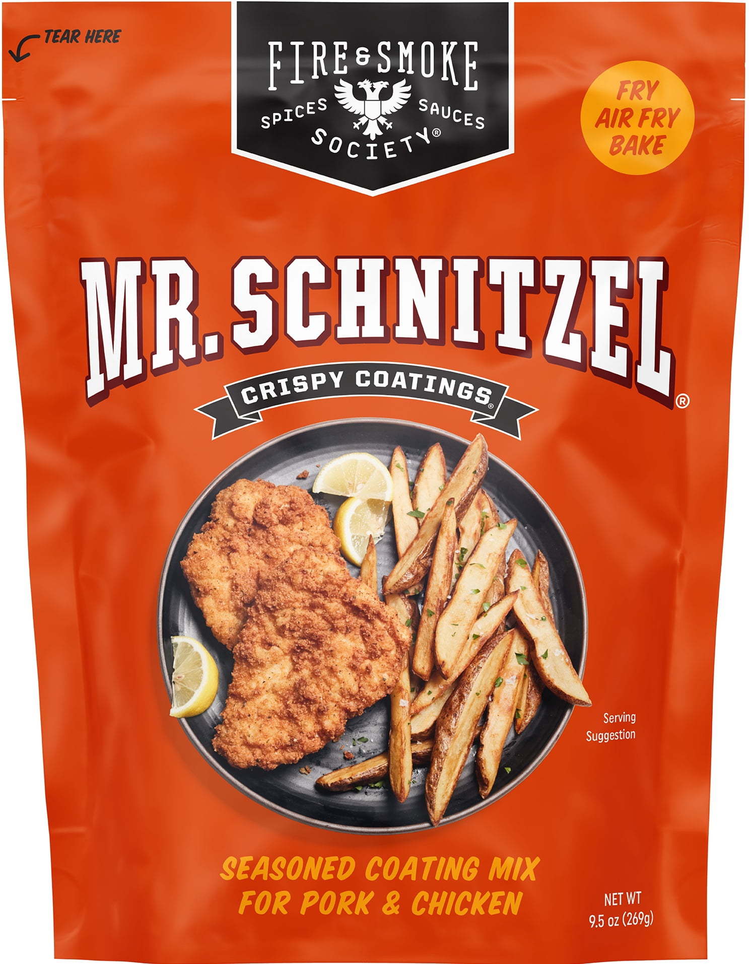 (3 pack) Fire & Smoke Society Mr. Schnitzel Crispy Coating Fry Mix, Pork, Chicken, & Turkey, 9.5 Ounce Box Makes 8 Servings