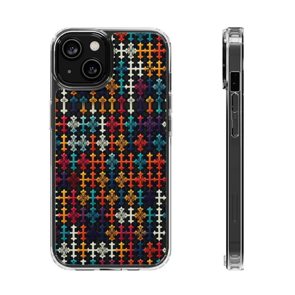 DistinctInk Hybrid (Acrylic / TPU) Clear Slim Fit Case for Apple iPhone 15 (6.1" Screen) - "Vibrant Christian Crosses in Harmonious Repetition"