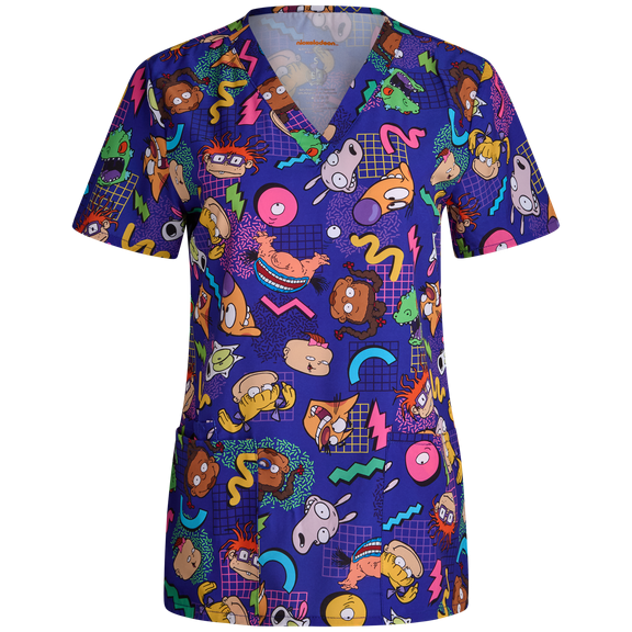 COCO BRANDS Rugrats Womens Scrub Tops - V-Neck Printed Scrub Tops for Women with Pockets (S-2XL)