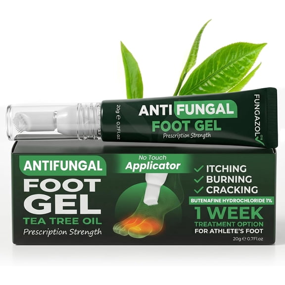 Tea Tree Oil Antifungal Foot Gel | Relieves Jock Itch, Athlete’s Foot & Ringworm | Soothes Itching & Burning | Moisturizes Dry, Cracked Feet | No-Touch Applicator | 1-Week Treatment Option | 20g