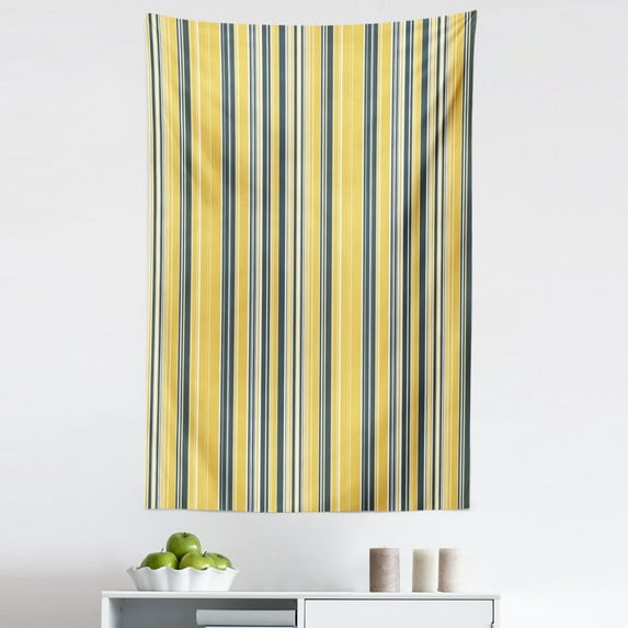 Geometric Tapestry, Barcode Inspired Pastel Colored Retro Vertical Repetitive Stripes, Fabric Wall Hanging Decor for Bedroom Living Room Dorm, 5 Sizes, Mustard Dark Slate Blue, by Ambesonne
