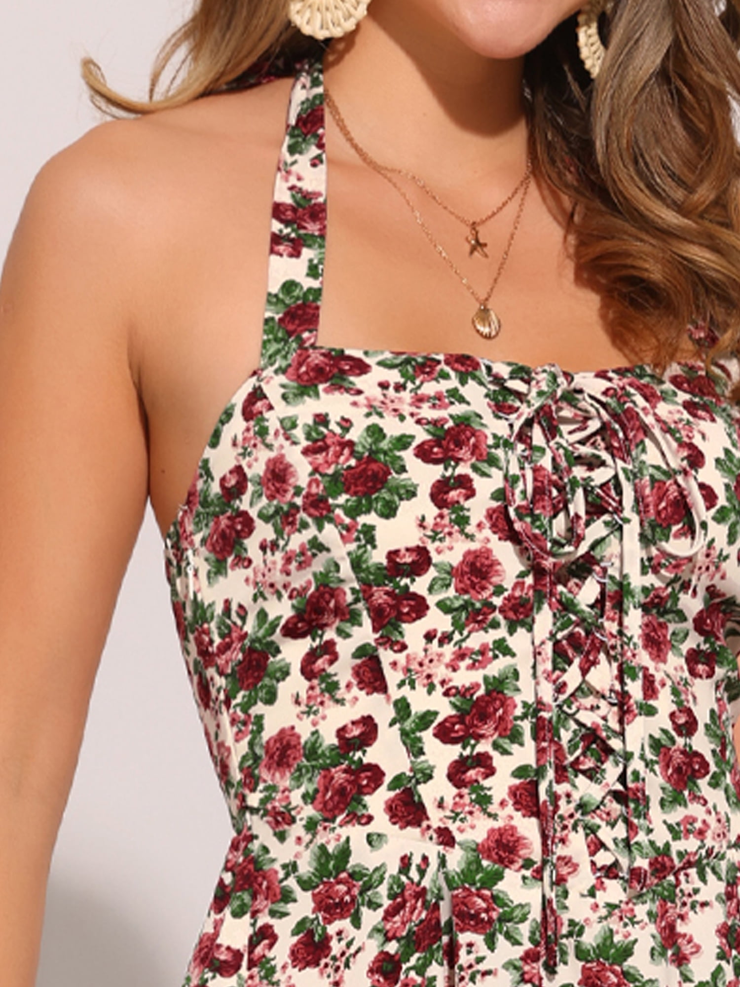 DARING DIVA Women's Halter Sleeveless Lace Up Floral Midi Dresses XS Beige Rose