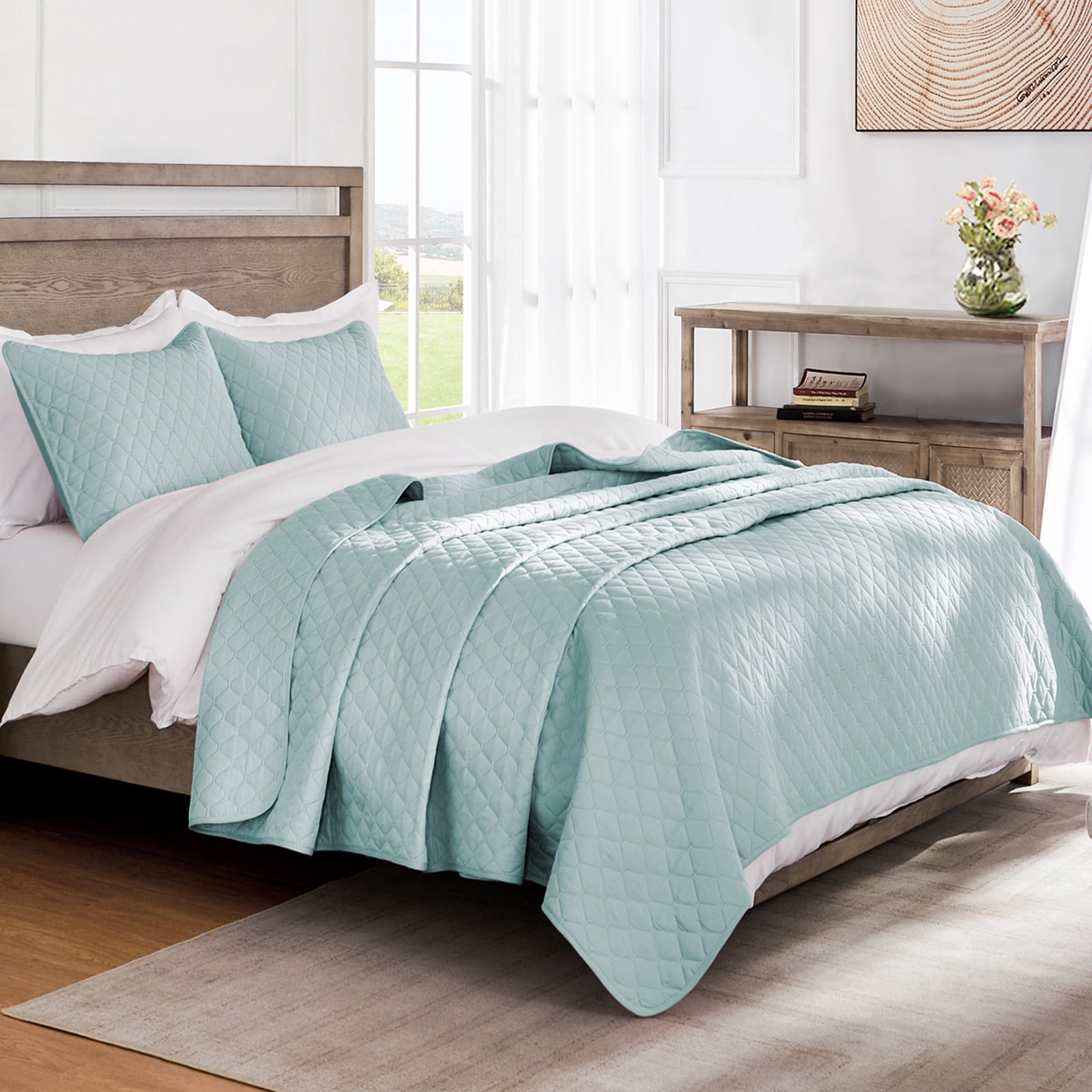 Exclusivo Mezcla Queen Quilt Set, 3-Piece Lightweight Queen Quilts Soft Bedspreads Bed Coverlets, Aqua Blue, 90"x96"