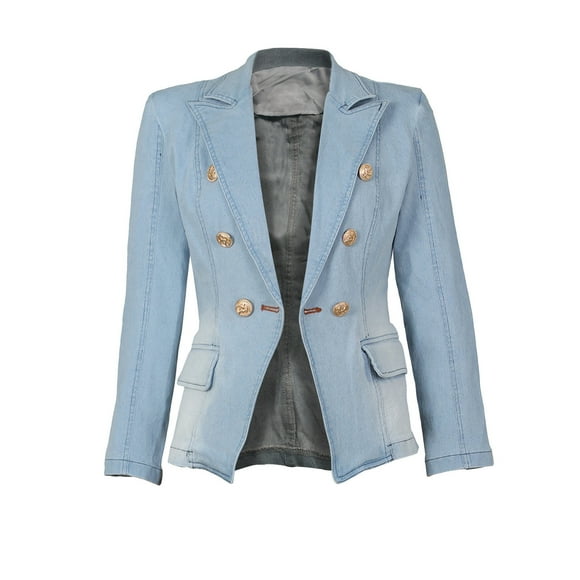 Mrat Women's Jean Jacket - Denim Blazer Jackets Notched Lapel Collar Long Sleeve Jacket Double Breasted Jeans Jacket Office Work Denim Blazer with Pockets C-2 Light Blue L