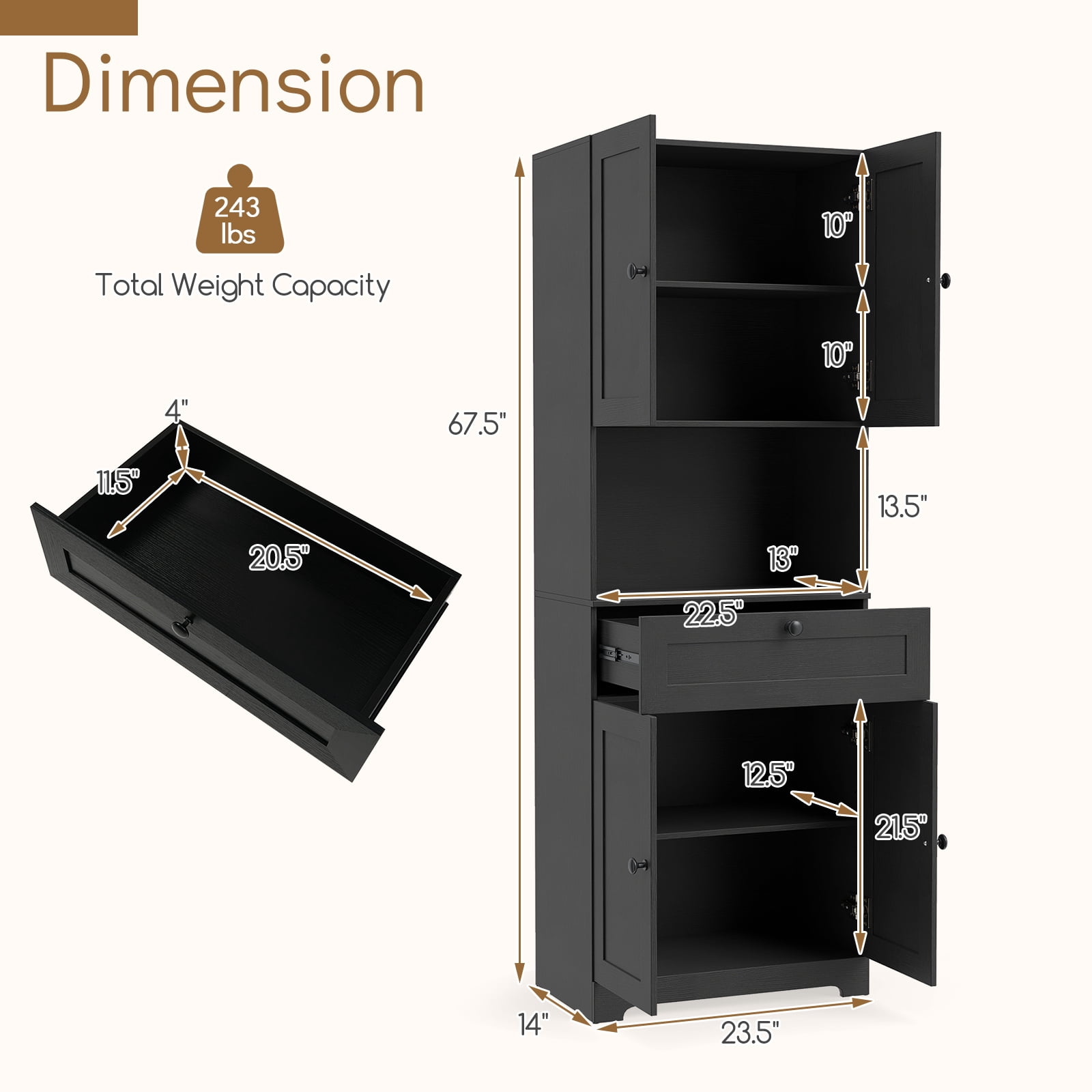 Gymax 67.5'' Kitchen Pantry Cabinet w/4 Doors 1 Drawer Open Countertop Adjustable Shelf