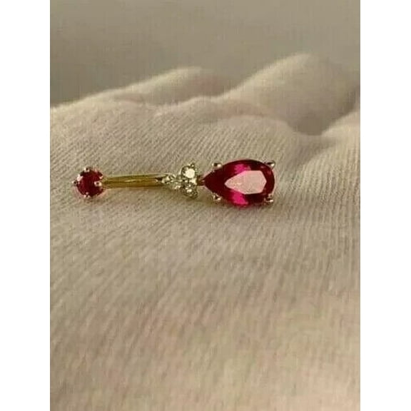 2.00Ct Pear Cut Lab Created Red Ruby Pretty Dangle Belly Button 14K Yellow Gold Plated 925 Silver