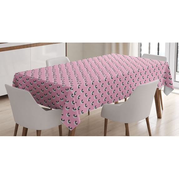 Bears Tablecloth, Smiling Panda Face Cartoon Style of Drawing Repetitive Design Art, Rectangle Satin Table Cover for Dining Room and Kitchen, 60" X 90", Baby Pink White and Dark Grey, by Ambesonne