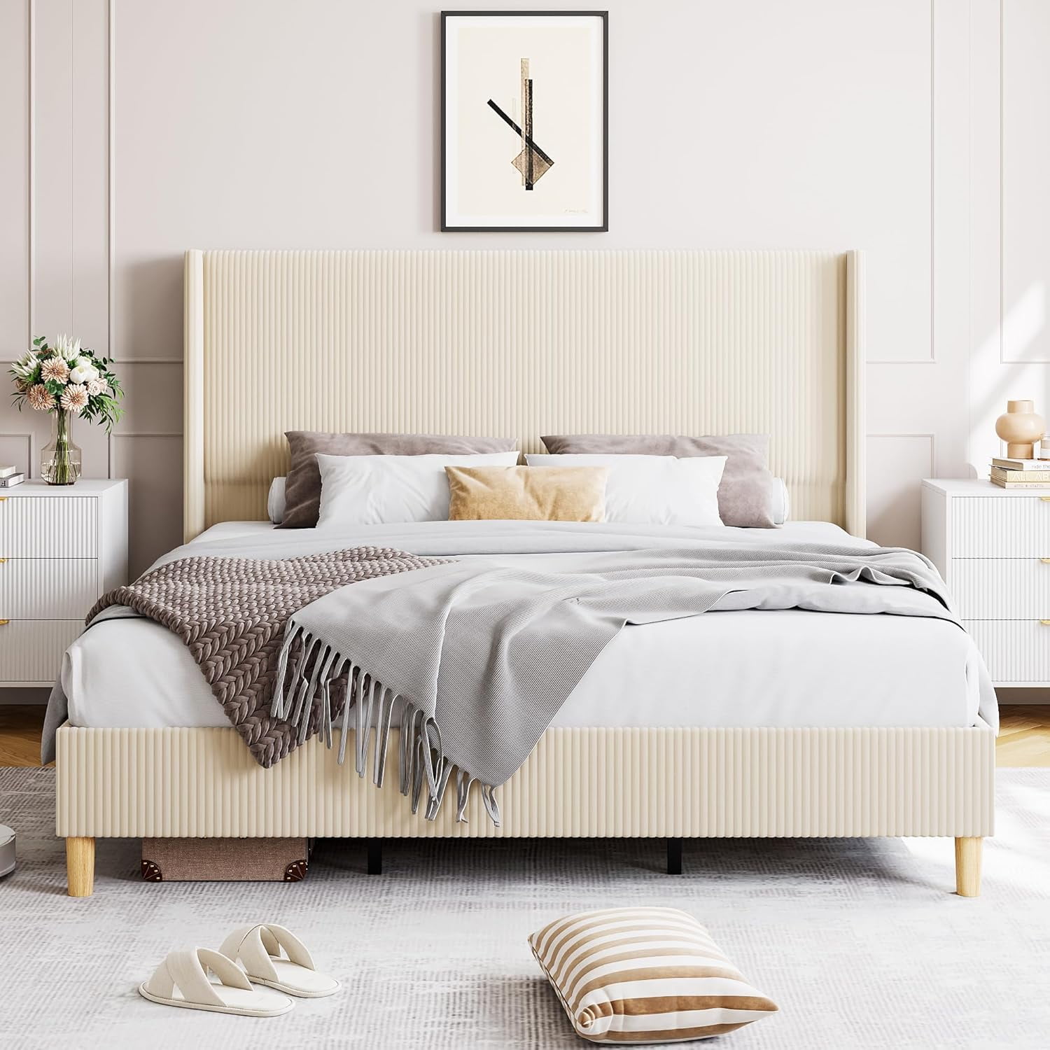 ChaoLink Queen Bed Frame Corduroy Upholstered Platform Bed Frame with 51 in Wingback Headboard, Vertical Stripes, Wooden Slats, No Box Spring Needed, Beige