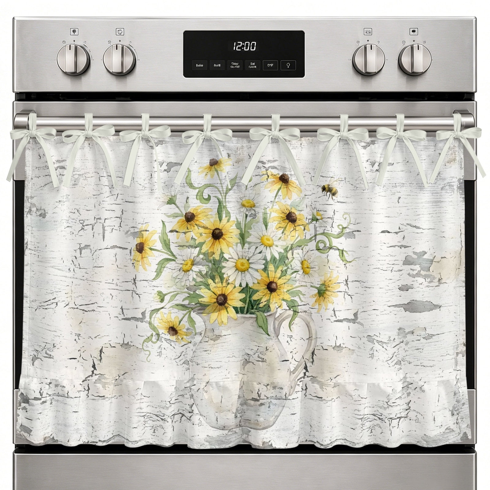 Farmhouse Oven Skirt Curtain Sunflowers Bouquet Oven Curtain Tie Top Watercolor Botanical Floral Vintaage Beige Stove Skirt Curtains with Ties&Ruffle Trim Dishwasher Skirts Curtains 30 x21.5